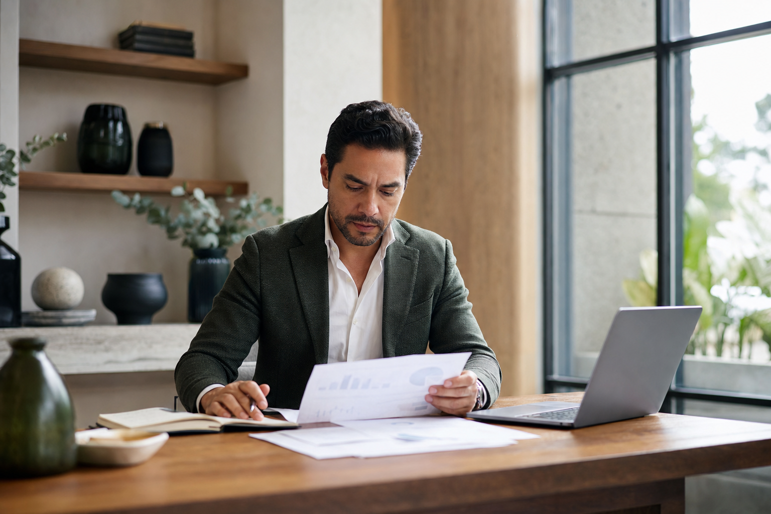 Jose Andres Lopez reviewing a financial plan with a client in his Madrid office